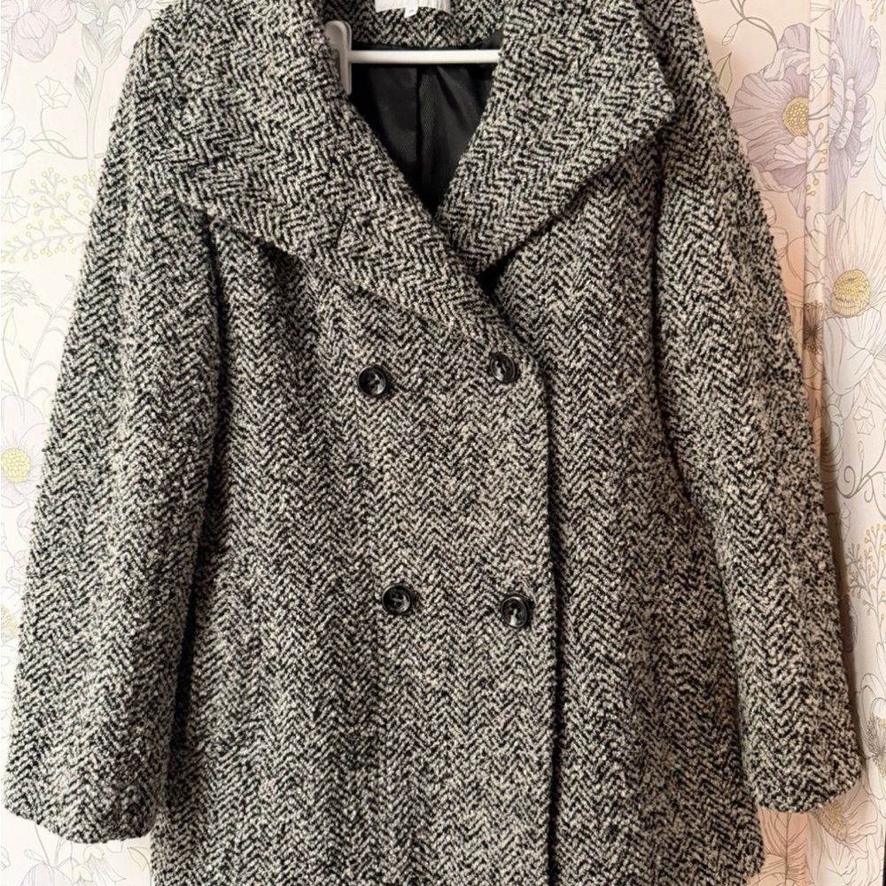 Calvin Klein Black & White Herringbone Double-Breasted Coat